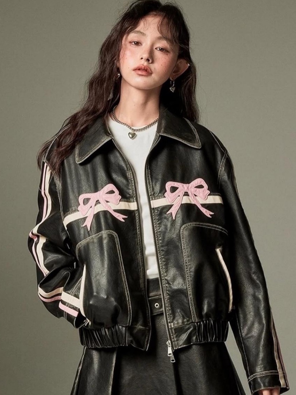 Y2K Black Faux Leather Bomber Jacket with Pink Ribbon Bow Accents